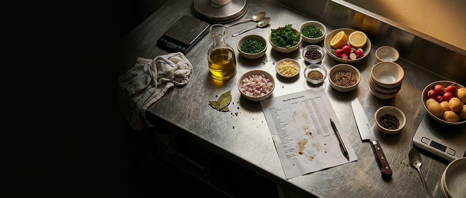 A restaurant kitchen mid-service: cooks working the range under an extraction hood while plated dishes wait under heat lamps on the pass.